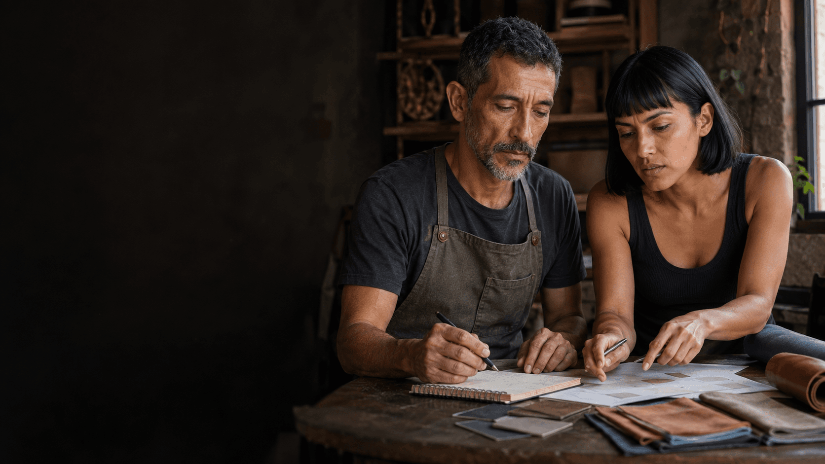 Empresario y consultora trabajando juntos sobre un reto del negocio